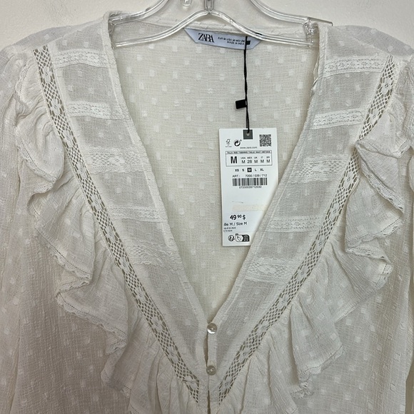 Zara Sheer Swissdot Ruffle V-Neck Crochet Trim Button Up Balloon Sleeve Blouse - Picture 14 of 16